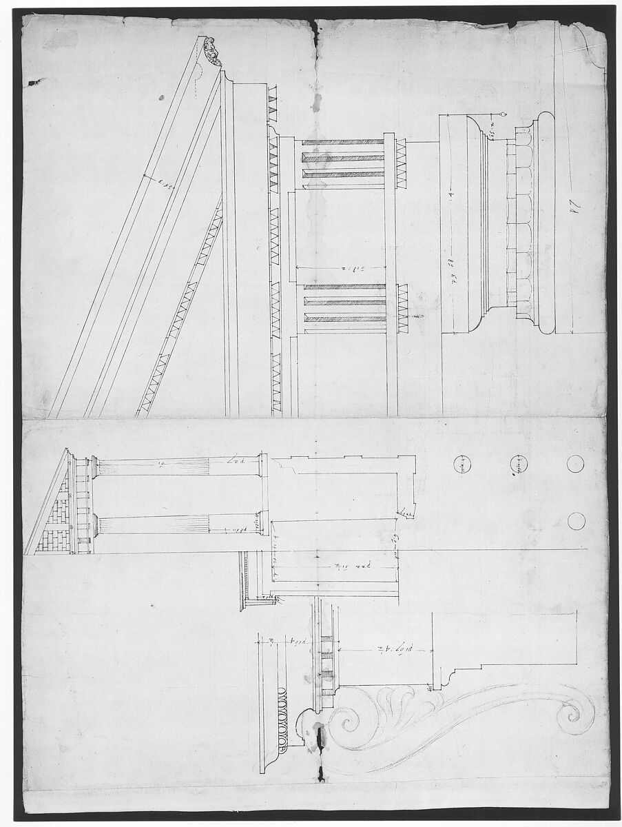 Temple of Hercules, Cori, plan, elevation; portal, details; Doric order, details (recto) St. Peter's, drum, section (verso), Drawn by Anonymous, French, 16th century, Dark brown ink, black chalk, and incised lines