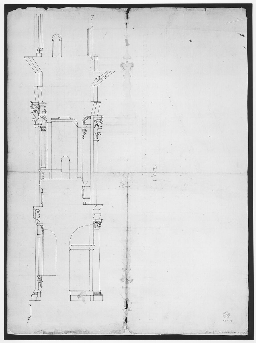 Temple of Hercules, Cori, plan, elevation; portal, details; Doric order, details (recto) St. Peter's, drum, section (verso), Drawn by Anonymous, French, 16th century, Dark brown ink, black chalk, and incised lines