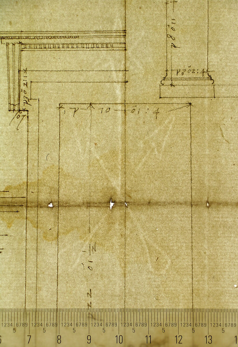 Temple of Hercules, Cori, plan, elevation; portal, details; Doric order, details (recto) St. Peter's, drum, section (verso), Drawn by Anonymous, French, 16th century, Dark brown ink, black chalk, and incised lines