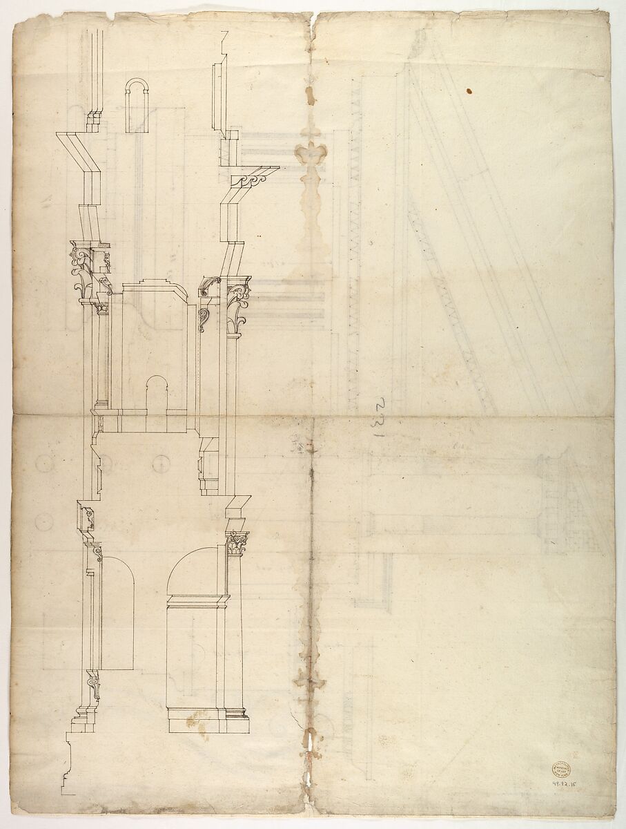 Temple of Hercules, Cori, plan, elevation; portal, details; Doric order, details (recto) St. Peter's, drum, section (verso), Drawn by Anonymous, French, 16th century, Dark brown ink, black chalk, and incised lines