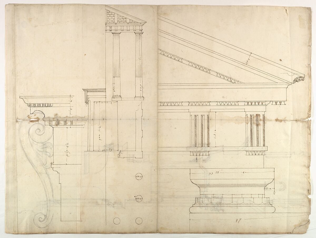Temple of Hercules, Cori, plan, elevation; portal, details; Doric order, details (recto) St. Peter's, drum, section (verso), Drawn by Anonymous, French, 16th century, Dark brown ink, black chalk, and incised lines 