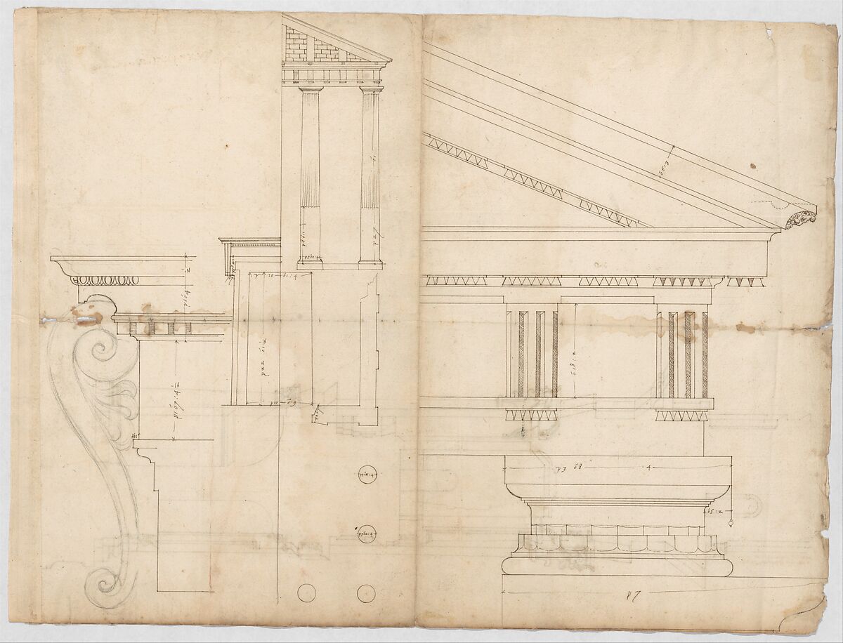 Temple of Hercules, Cori, plan, elevation; portal, details; Doric order, details (recto) St. Peter's, drum, section (verso), Drawn by Anonymous, French, 16th century, Dark brown ink, black chalk, and incised lines