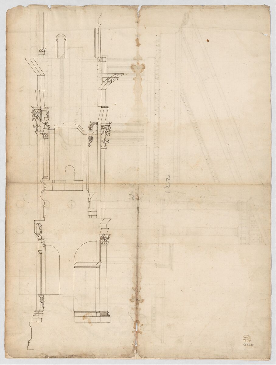 Temple of Hercules, Cori, plan, elevation; portal, details; Doric order, details (recto) St. Peter's, drum, section (verso), Drawn by Anonymous, French, 16th century, Dark brown ink, black chalk, and incised lines