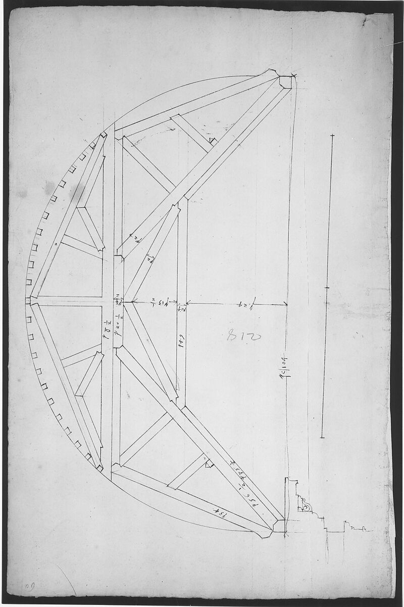 St. Peter's, centering truss, tunnel vault, section (recto) 
blank (verso), Drawn by Anonymous, French, 16th century, Dark brown ink, black chalk, and incised lines