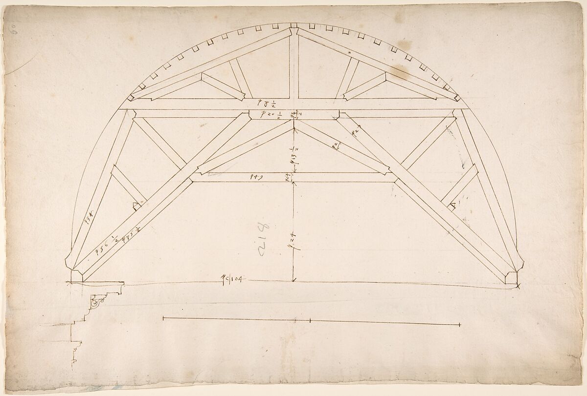 St. Peter's, centering truss, tunnel vault, section (recto) 
blank (verso), Drawn by Anonymous, French, 16th century, Dark brown ink, black chalk, and incised lines 