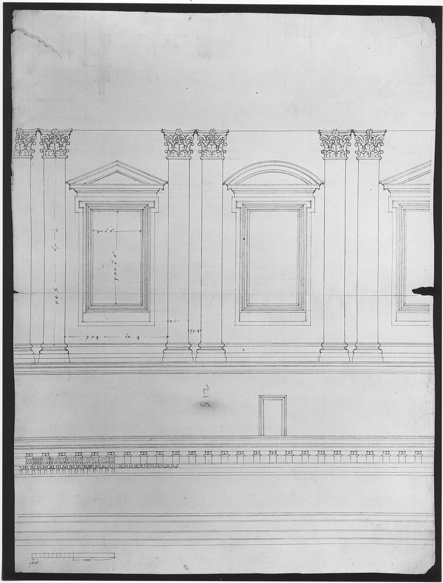 St. Peter's, drum, interior, elevation (recto) St. Peter's, drum, pedestal, section (verso), Attributed to Etienne DuPérac (French, ca. 1535–1604), Dark brown ink, black chalk, and incised lines