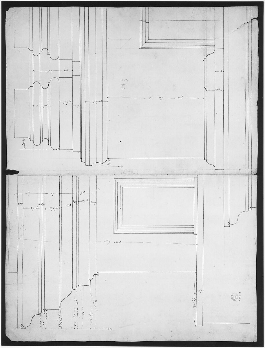 St. Peter's, drum, interior, elevation (recto) St. Peter's, drum, pedestal, section (verso), Attributed to Etienne DuPérac (French, ca. 1535–1604), Dark brown ink, black chalk, and incised lines