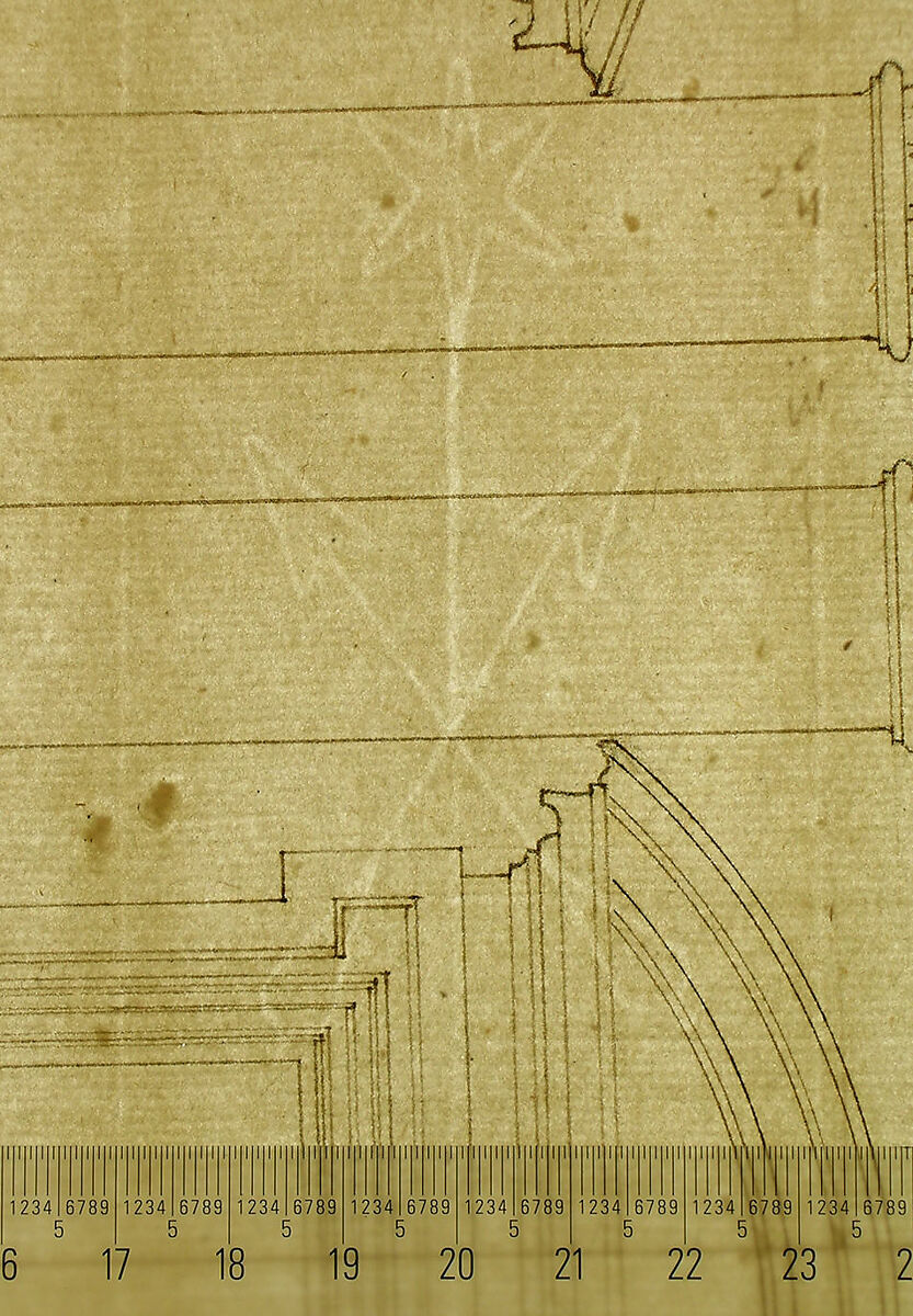 St. Peter's, drum, interior, elevation (recto) St. Peter's, drum, pedestal, section (verso), Attributed to Etienne DuPérac (French, ca. 1535–1604), Dark brown ink, black chalk, and incised lines