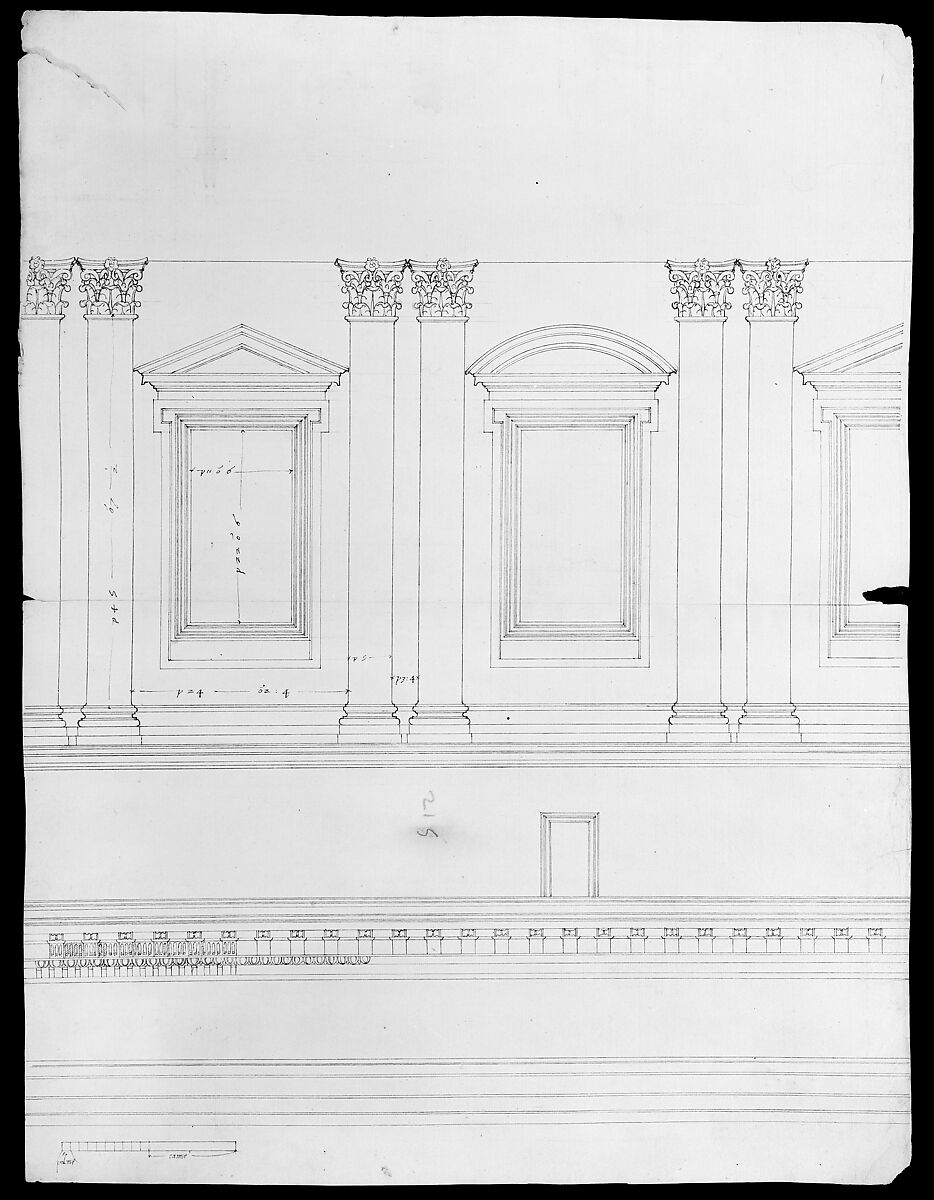 St. Peter's, drum, interior, elevation (recto) St. Peter's, drum, pedestal, section (verso), Attributed to Etienne DuPérac (French, ca. 1535–1604), Dark brown ink, black chalk, and incised lines