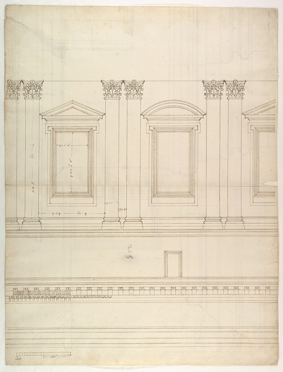 St. Peter's, drum, interior, elevation (recto) St. Peter's, drum, pedestal, section (verso), Attributed to Etienne DuPérac (French, ca. 1535–1604), Dark brown ink, black chalk, and incised lines 