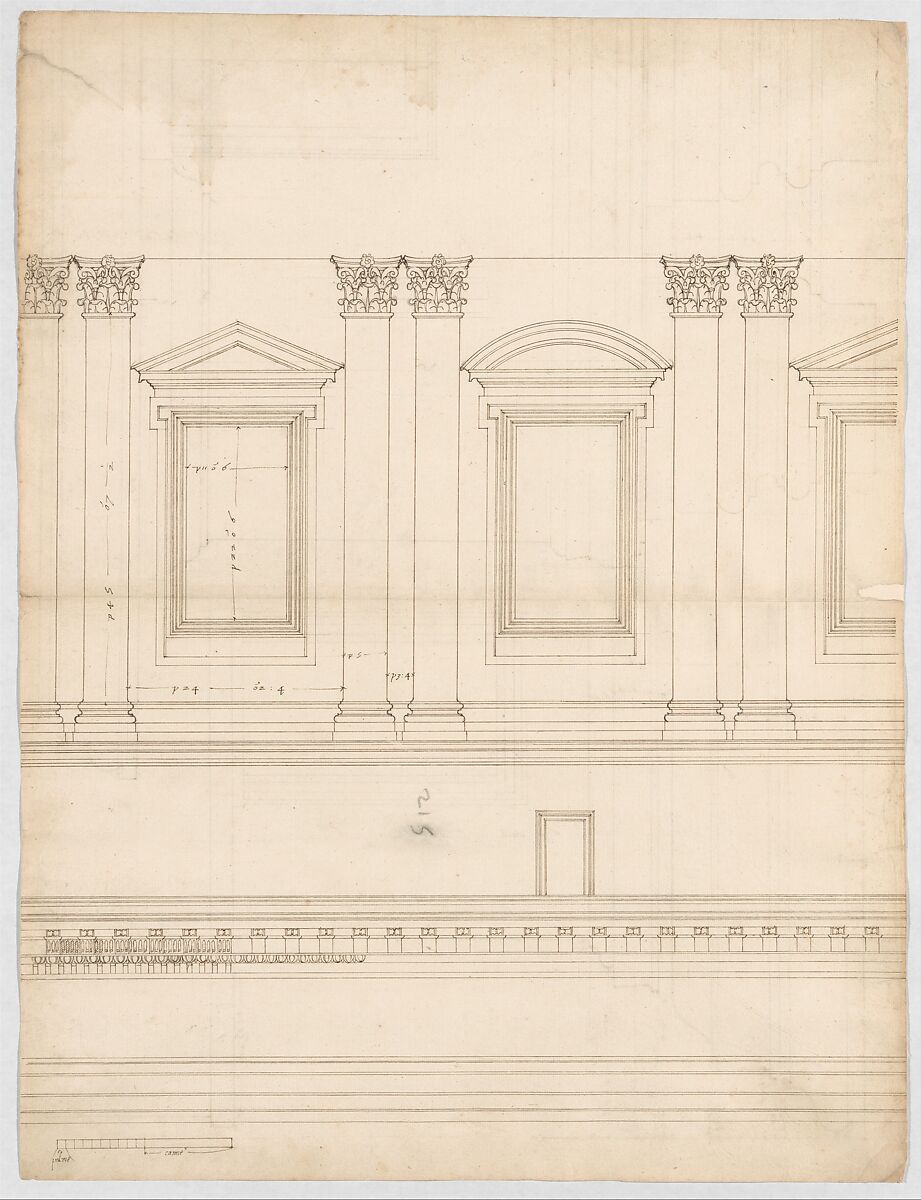 St. Peter's, drum, interior, elevation (recto) St. Peter's, drum, pedestal, section (verso), Attributed to Etienne DuPérac (French, ca. 1535–1604), Dark brown ink, black chalk, and incised lines