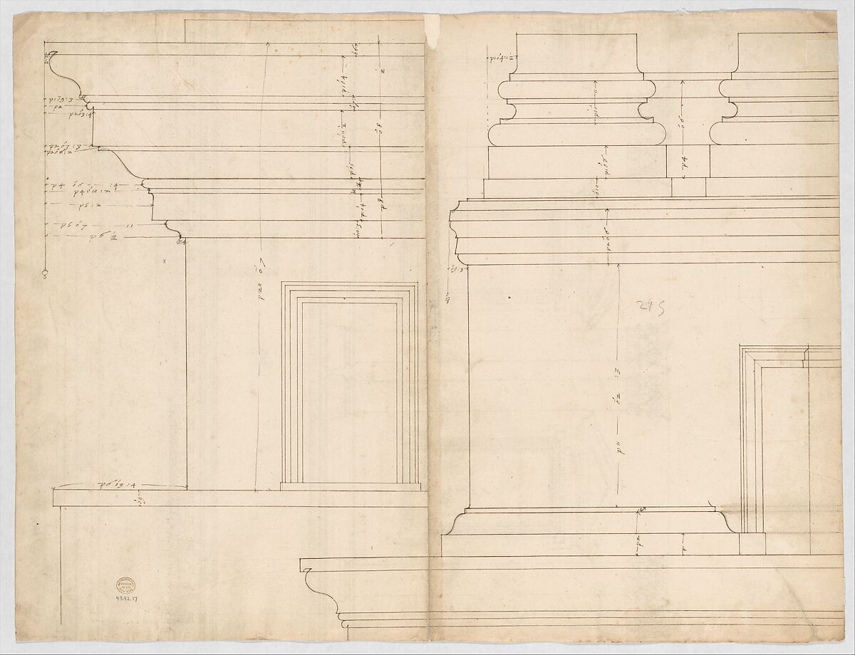 St. Peter's, drum, interior, elevation (recto) St. Peter's, drum, pedestal, section (verso), Attributed to Etienne DuPérac (French, ca. 1535–1604), Dark brown ink, black chalk, and incised lines