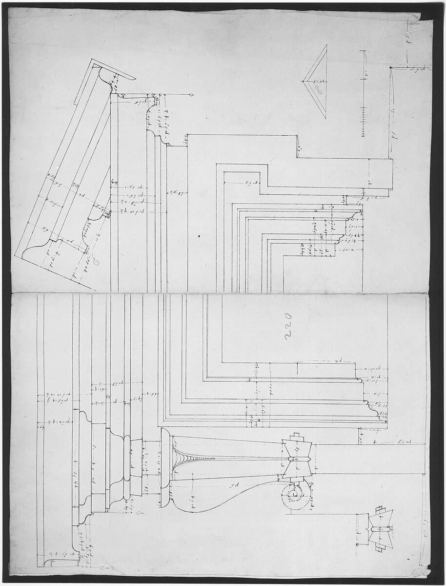 St. Peter's, drum, exterior bay, elevation with details (recto) St. Peter's, drum, section (verso), Drawn by Anonymous, French, 16th century, Dark brown ink, black chalk, and incised lines