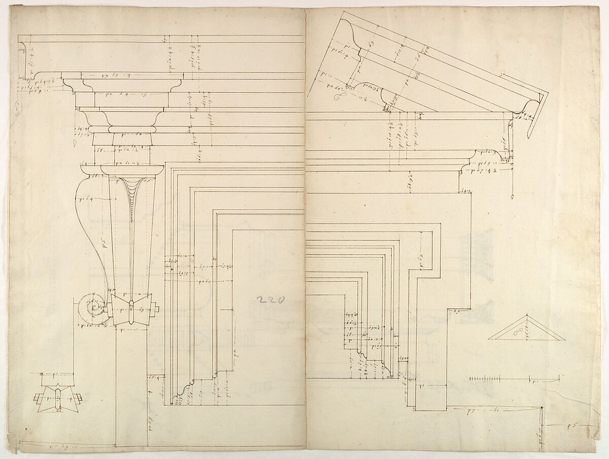 St. Peter's, drum, exterior bay, elevation with details (recto) St. Peter's, drum, section (verso), Drawn by Anonymous, French, 16th century, Dark brown ink, black chalk, and incised lines 