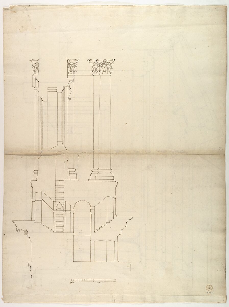 St. Peter's, drum, exterior bay, elevation with details (recto) St. Peter's, drum, section (verso), Drawn by Anonymous, French, 16th century, Dark brown ink, black chalk, and incised lines