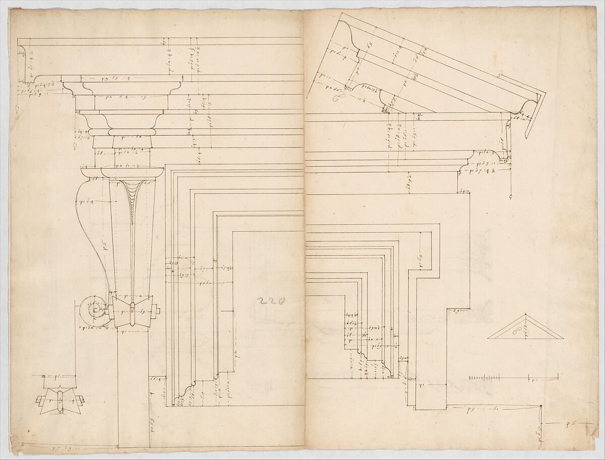 St. Peter's, drum, exterior bay, elevation with details (recto) St. Peter's, drum, section (verso), Drawn by Anonymous, French, 16th century, Dark brown ink, black chalk, and incised lines