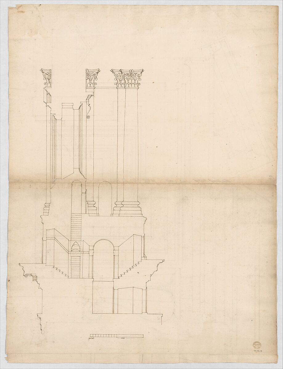 St. Peter's, drum, exterior bay, elevation with details (recto) St. Peter's, drum, section (verso), Drawn by Anonymous, French, 16th century, Dark brown ink, black chalk, and incised lines