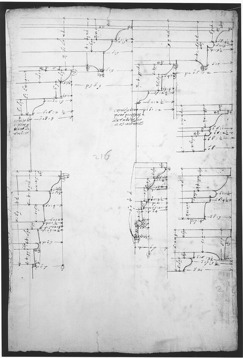 St. Peter's, tribune, exterior, entablature and cornice details (recto)
Santa Maria Maggiore, Sforza Chapel, plan, detail (verso), Drawn by Anonymous, French, 16th century, Dark brown ink, black chalk, and incised lines