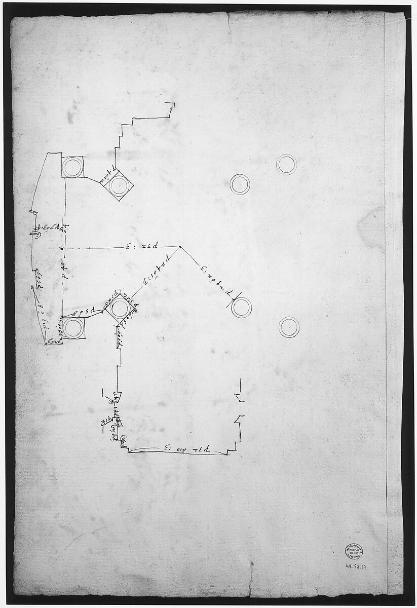 St. Peter's, tribune, exterior, entablature and cornice details (recto)
Santa Maria Maggiore, Sforza Chapel, plan, detail (verso), Drawn by Anonymous, French, 16th century, Dark brown ink, black chalk, and incised lines