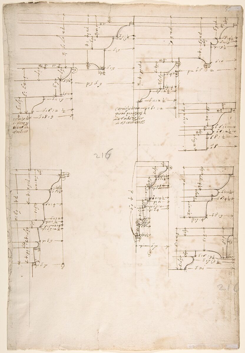 St. Peter's, tribune, exterior, entablature and cornice details (recto)
Santa Maria Maggiore, Sforza Chapel, plan, detail (verso), Drawn by Anonymous, French, 16th century, Dark brown ink, black chalk, and incised lines 