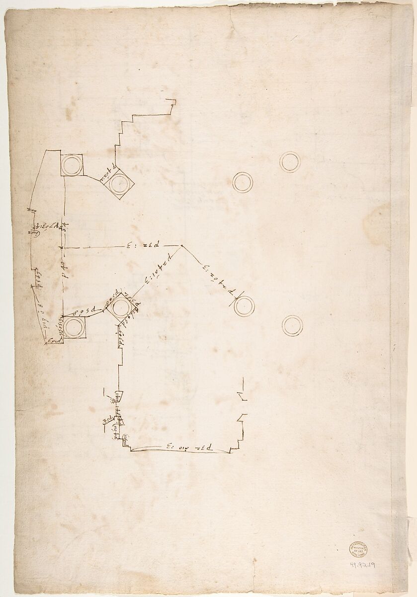 St. Peter's, tribune, exterior, entablature and cornice details (recto)
Santa Maria Maggiore, Sforza Chapel, plan, detail (verso), Drawn by Anonymous, French, 16th century, Dark brown ink, black chalk, and incised lines