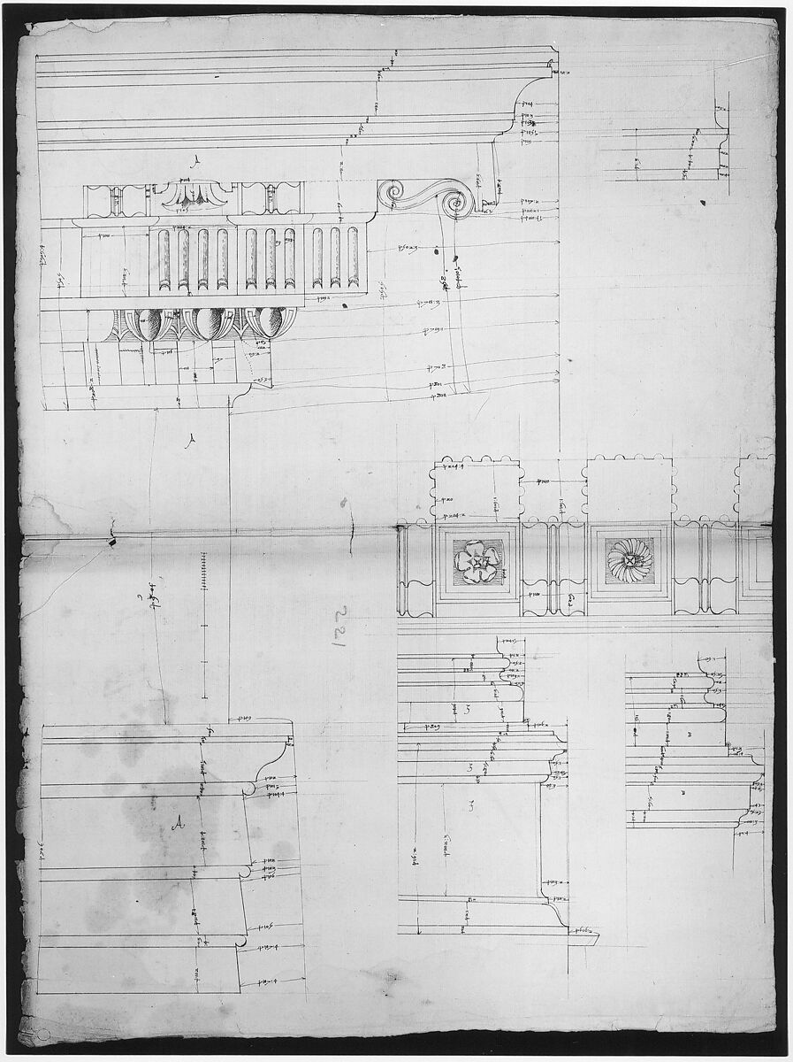 St Peter's, entablature profile; reflected ceiling details of the cornice, and profiles of column bases and pedestals (recto)
St. Peter's, section through drum of model and entablature of upper story (verso), Drawn by Anonymous, French, 16th century, Dark brown ink, black chalk, and incised lines
