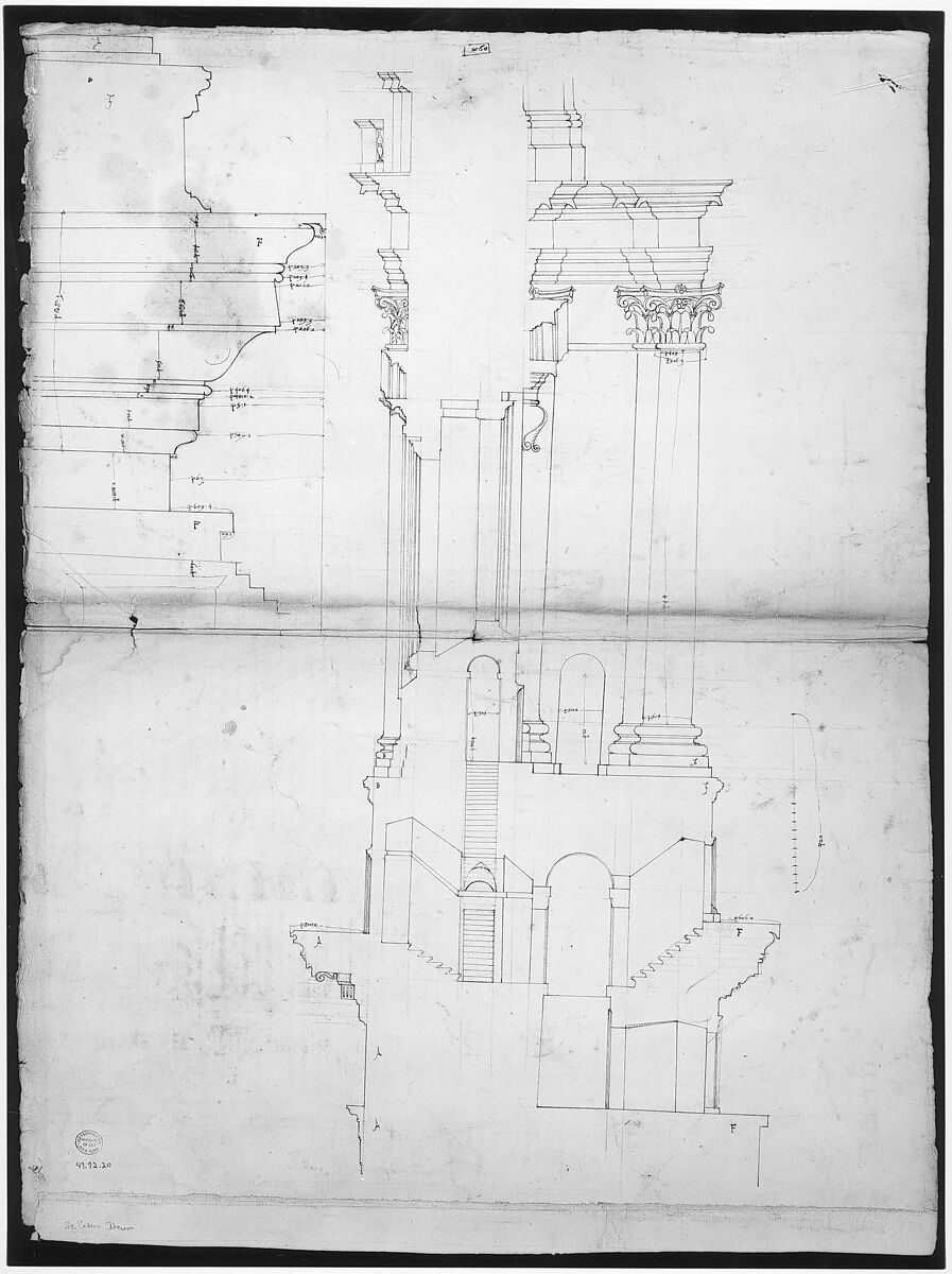 St Peter's, entablature profile; reflected ceiling details of the cornice, and profiles of column bases and pedestals (recto)
St. Peter's, section through drum of model and entablature of upper story (verso), Drawn by Anonymous, French, 16th century, Dark brown ink, black chalk, and incised lines