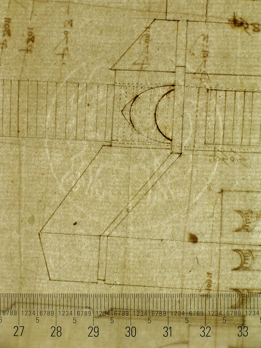 St Peter's, entablature profile; reflected ceiling details of the cornice, and profiles of column bases and pedestals (recto)
St. Peter's, section through drum of model and entablature of upper story (verso), Drawn by Anonymous, French, 16th century, Dark brown ink, black chalk, and incised lines