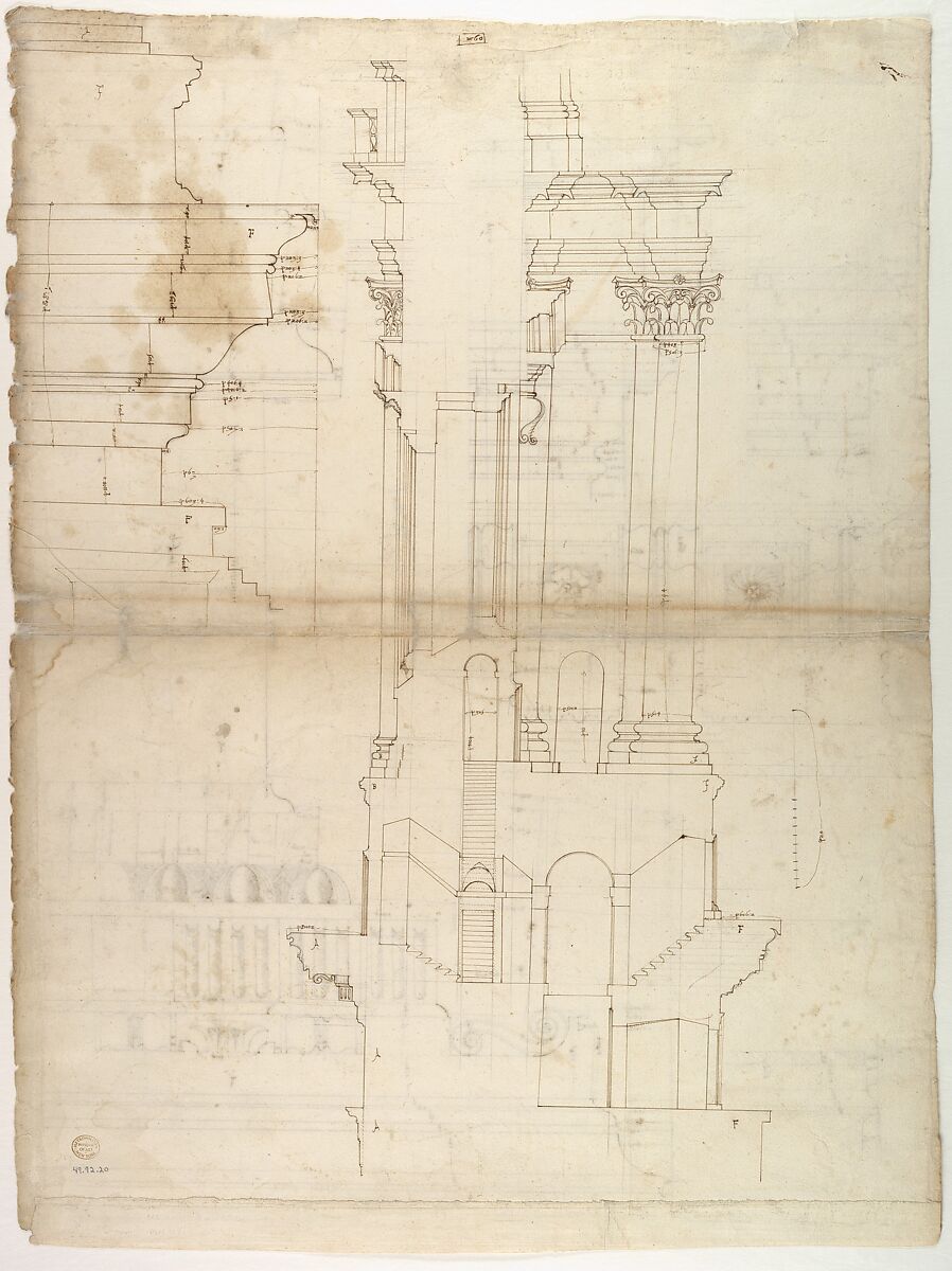 St Peter's, entablature profile; reflected ceiling details of the cornice, and profiles of column bases and pedestals (recto)
St. Peter's, section through drum of model and entablature of upper story (verso), Drawn by Anonymous, French, 16th century, Dark brown ink, black chalk, and incised lines