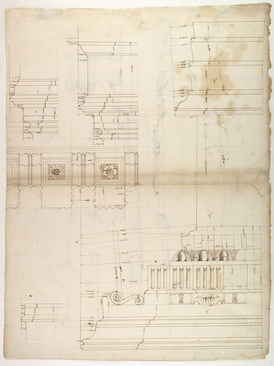 St Peter's, entablature profile; reflected ceiling details of the cornice, and profiles of column bases and pedestals (recto)
St. Peter's, section through drum of model and entablature of upper story (verso), Drawn by Anonymous, French, 16th century, Dark brown ink, black chalk, and incised lines 