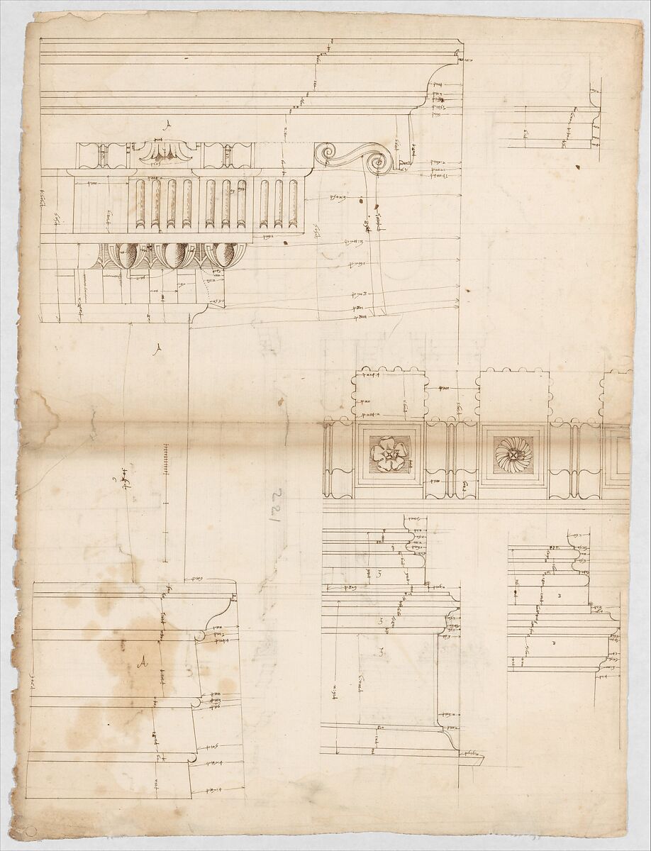 St Peter's, entablature profile; reflected ceiling details of the cornice, and profiles of column bases and pedestals (recto)
St. Peter's, section through drum of model and entablature of upper story (verso), Drawn by Anonymous, French, 16th century, Dark brown ink, black chalk, and incised lines