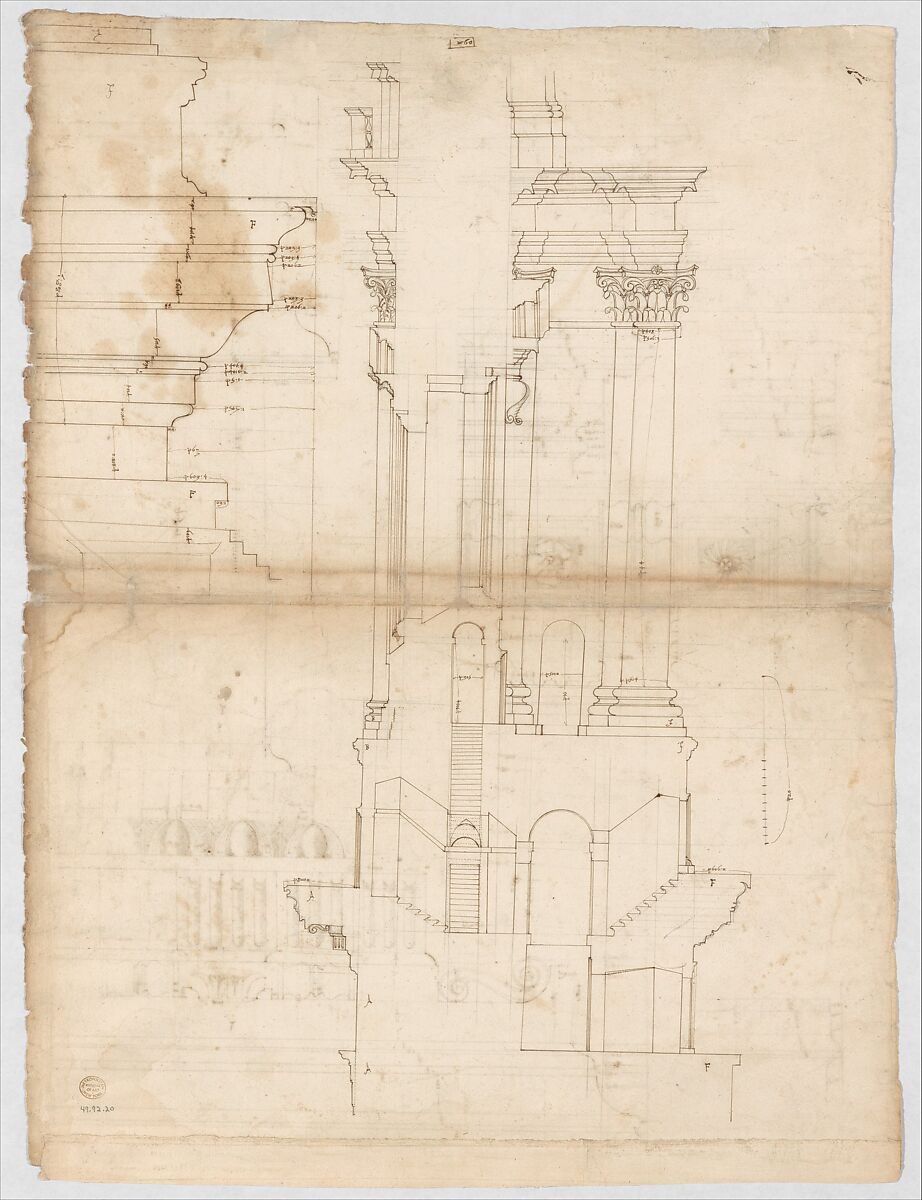 St Peter's, entablature profile; reflected ceiling details of the cornice, and profiles of column bases and pedestals (recto)
St. Peter's, section through drum of model and entablature of upper story (verso), Drawn by Anonymous, French, 16th century, Dark brown ink, black chalk, and incised lines