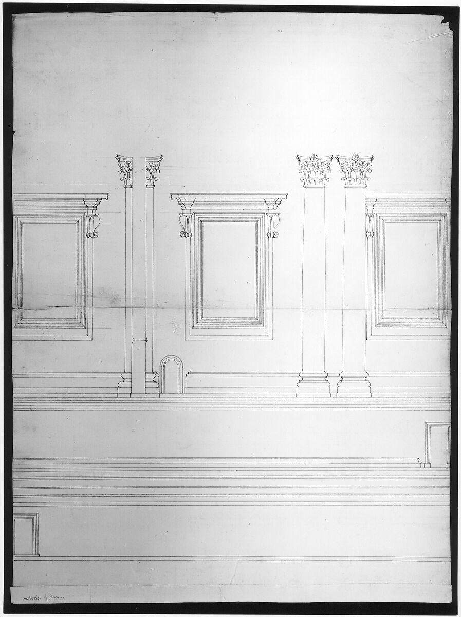 St. Peter's, drum, exterior, elevation (recto) St. Peter's, tribune, entablature, section and details (verso), Drawn by Anonymous, French, 16th century, Pen and dark brown ink, black chalk, and incised lines