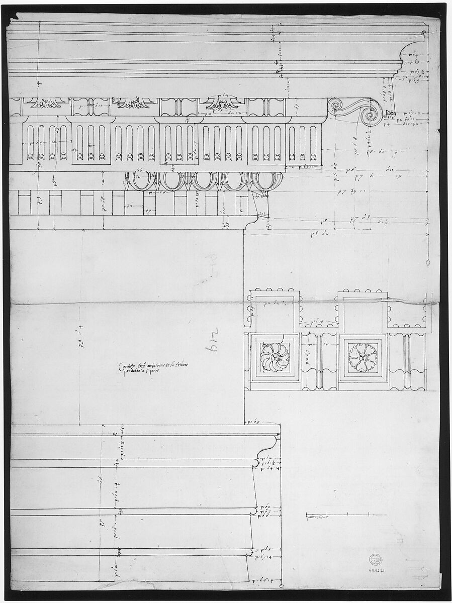 St. Peter's, drum, exterior, elevation (recto) St. Peter's, tribune, entablature, section and details (verso), Drawn by Anonymous, French, 16th century, Pen and dark brown ink, black chalk, and incised lines