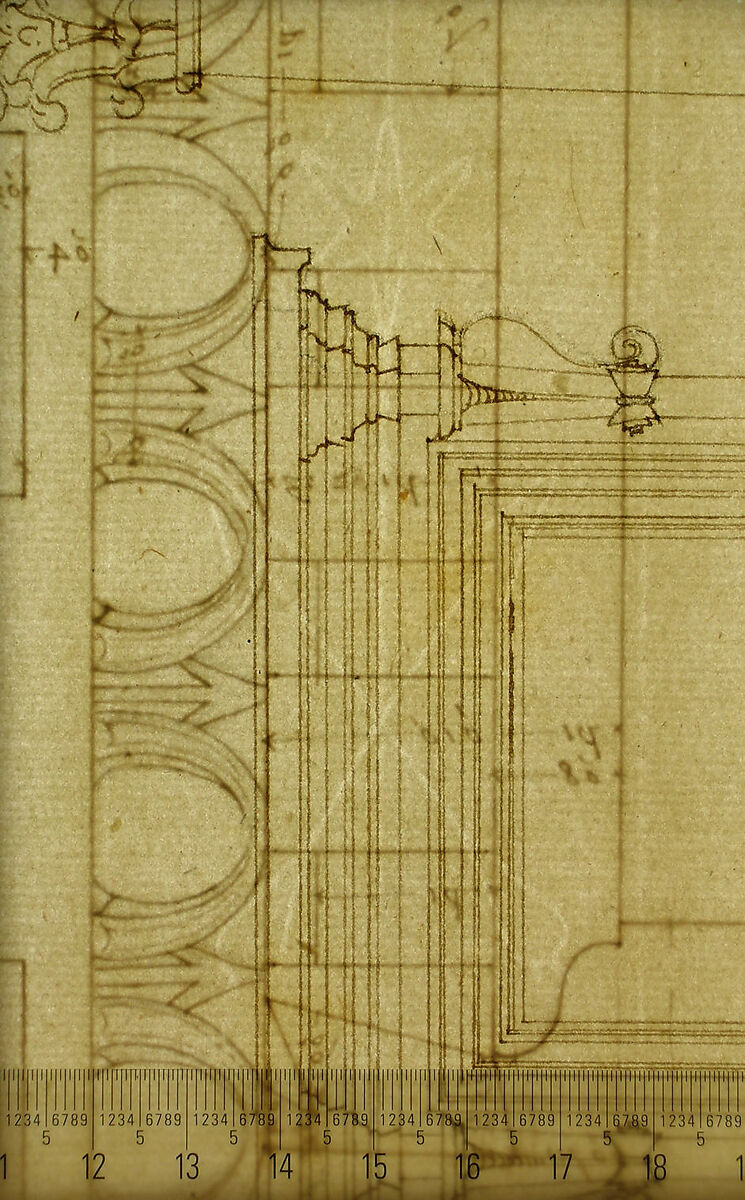 St. Peter's, drum, exterior, elevation (recto) St. Peter's, tribune, entablature, section and details (verso), Drawn by Anonymous, French, 16th century, Pen and dark brown ink, black chalk, and incised lines