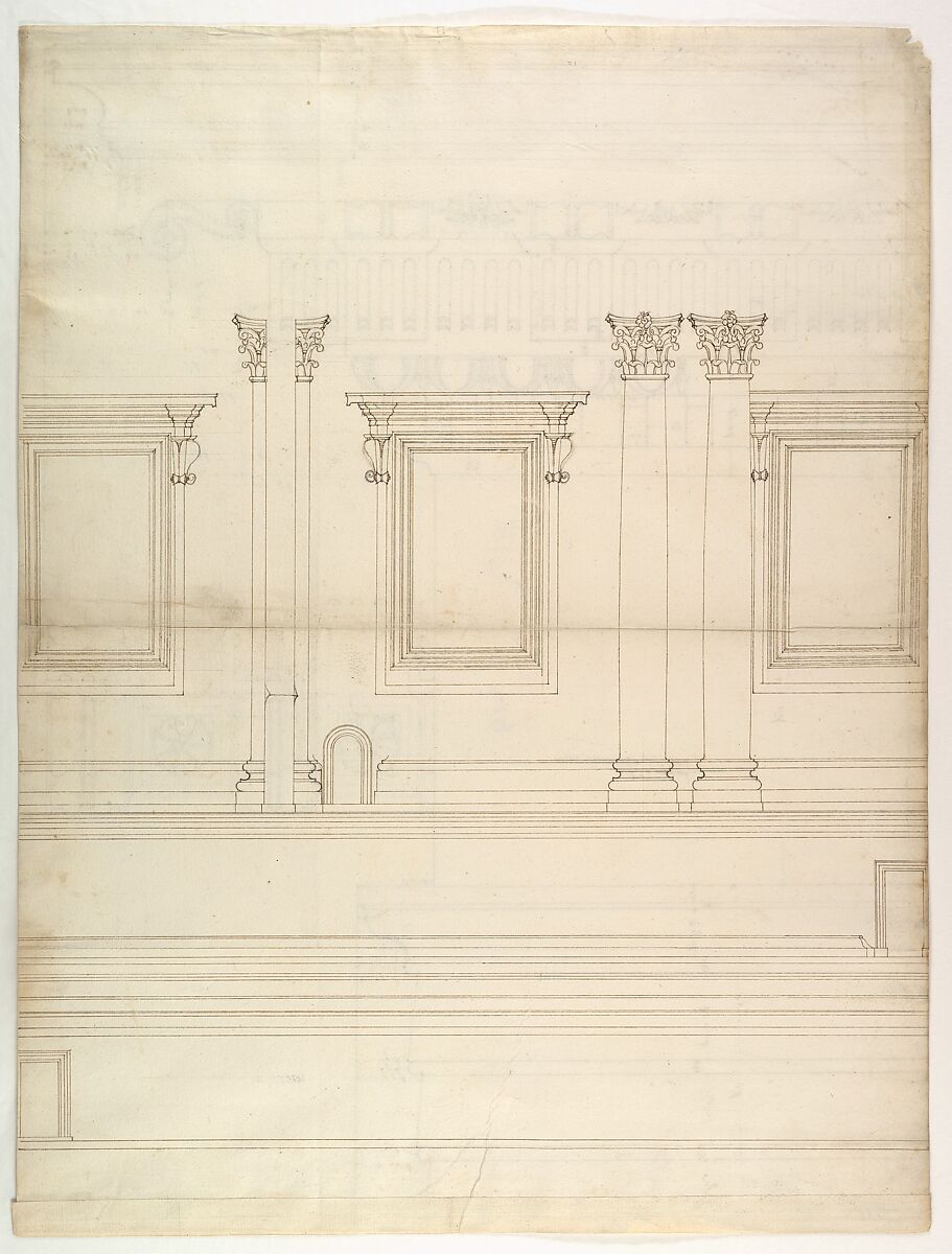 St. Peter's, drum, exterior, elevation (recto) St. Peter's, tribune, entablature, section and details (verso), Drawn by Anonymous, French, 16th century, Pen and dark brown ink, black chalk, and incised lines 