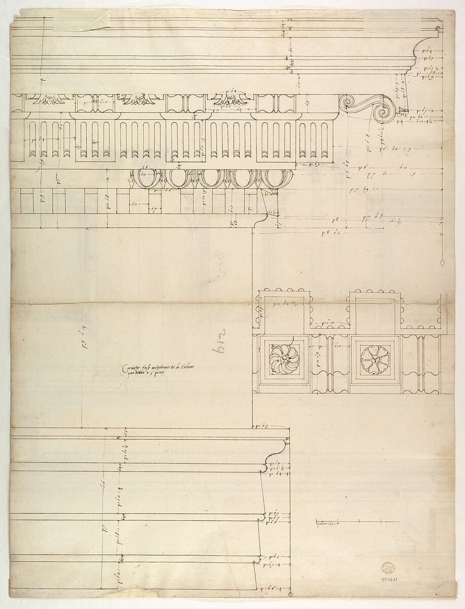 St. Peter's, drum, exterior, elevation (recto) St. Peter's, tribune, entablature, section and details (verso), Drawn by Anonymous, French, 16th century, Pen and dark brown ink, black chalk, and incised lines
