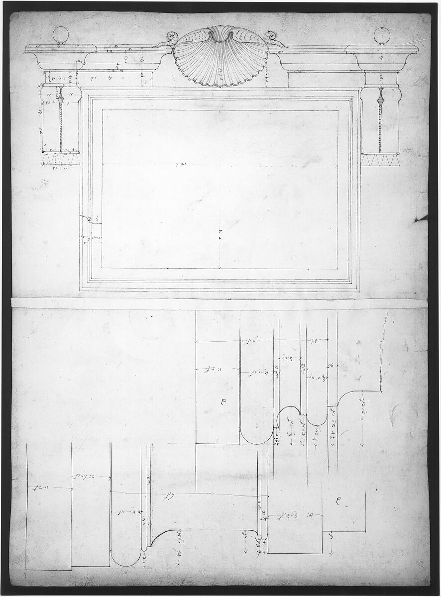 St. Peter's, attic, window, elevation (recto) St. Peter's, apse, plan; window, cornice, elevation profile; arch frame, elevation profile (verso), Drawn by Anonymous, French, 16th century, Dark brown ink, black chalk, and incised lines