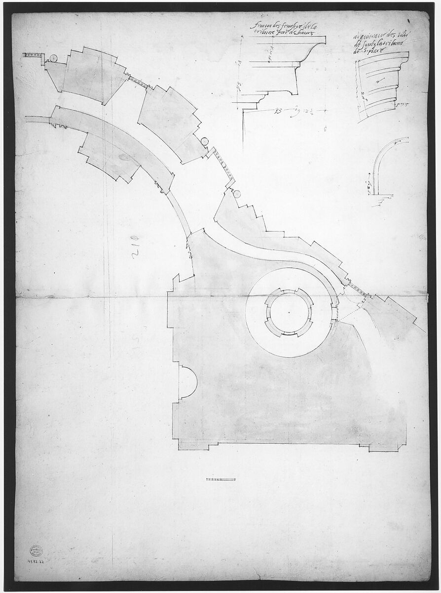 St. Peter's, attic, window, elevation (recto) St. Peter's, apse, plan; window, cornice, elevation profile; arch frame, elevation profile (verso), Drawn by Anonymous, French, 16th century, Dark brown ink, black chalk, and incised lines