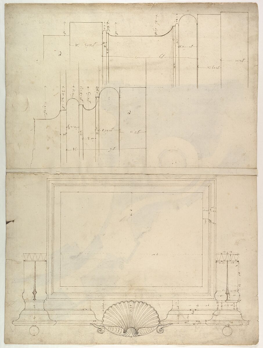 St. Peter's, attic, window, elevation (recto) St. Peter's, apse, plan; window, cornice, elevation profile; arch frame, elevation profile (verso), Drawn by Anonymous, French, 16th century, Dark brown ink, black chalk, and incised lines 