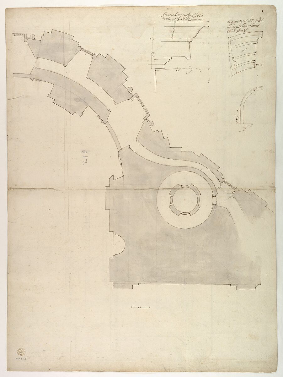 St. Peter's, attic, window, elevation (recto) St. Peter's, apse, plan; window, cornice, elevation profile; arch frame, elevation profile (verso), Drawn by Anonymous, French, 16th century, Dark brown ink, black chalk, and incised lines