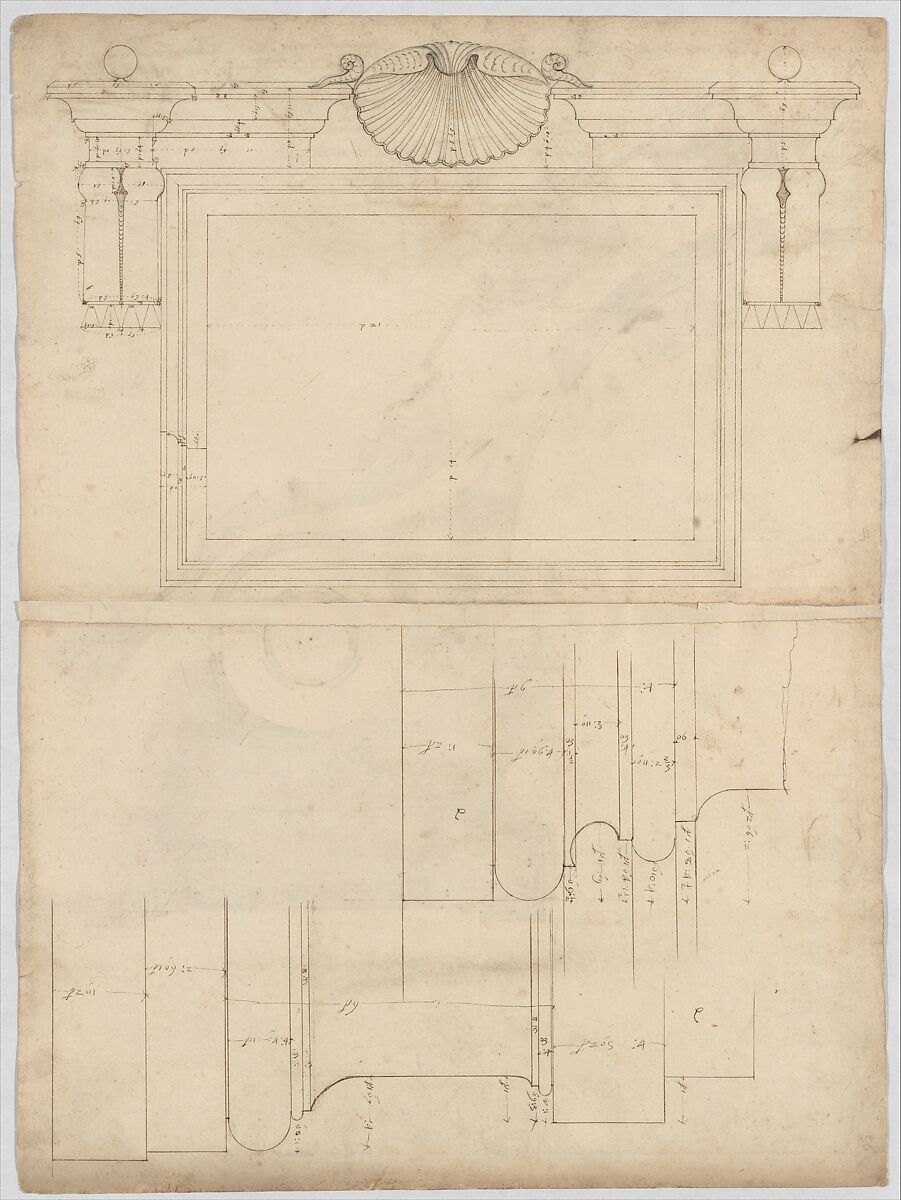 St. Peter's, attic, window, elevation (recto) St. Peter's, apse, plan; window, cornice, elevation profile; arch frame, elevation profile (verso), Drawn by Anonymous, French, 16th century, Dark brown ink, black chalk, and incised lines