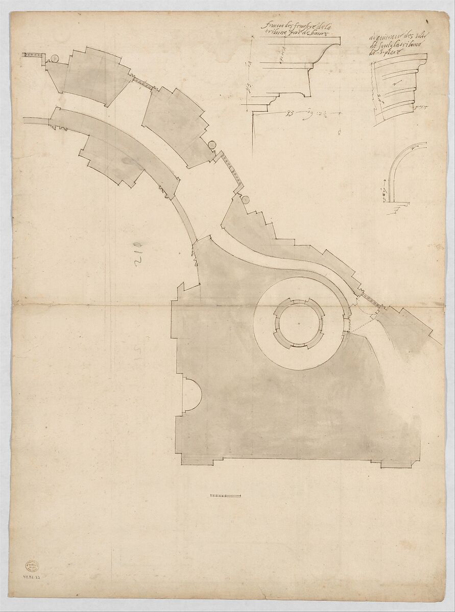 St. Peter's, attic, window, elevation (recto) St. Peter's, apse, plan; window, cornice, elevation profile; arch frame, elevation profile (verso), Drawn by Anonymous, French, 16th century, Dark brown ink, black chalk, and incised lines