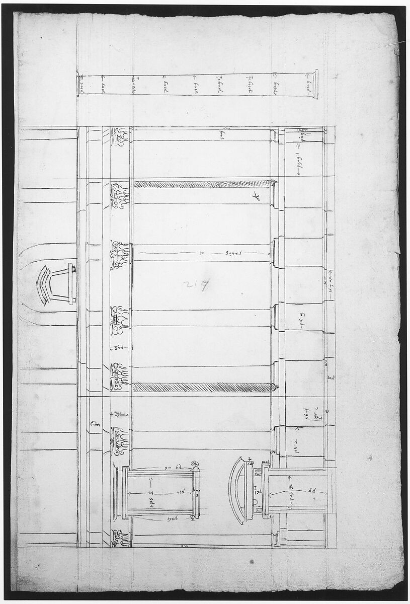 Santa Maria Maggiore, Sforza Chapel, elevation (recto) Unknown, entablature, partial cornice, and column or pilaster base profile (verso), Drawn by Anonymous, French, 16th century, Dark brown ink, black chalk, and incised lines