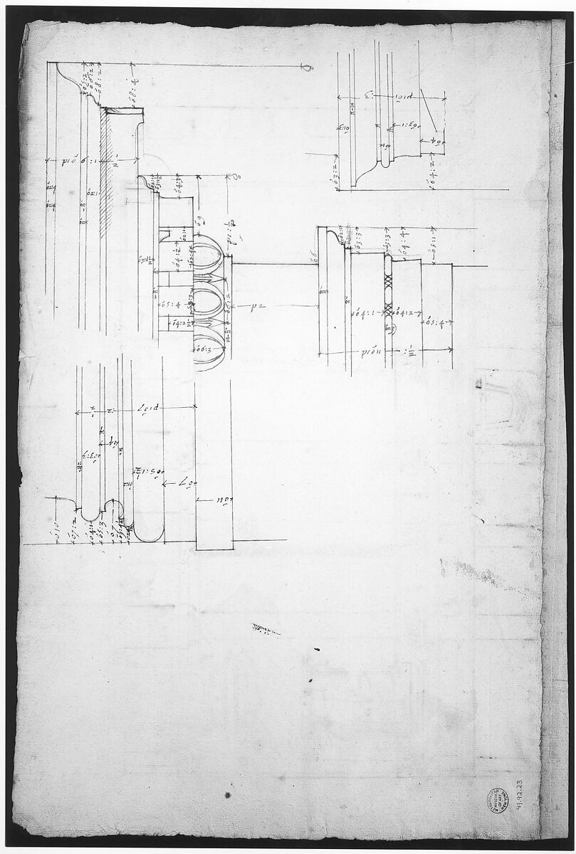 Santa Maria Maggiore, Sforza Chapel, elevation (recto) Unknown, entablature, partial cornice, and column or pilaster base profile (verso), Drawn by Anonymous, French, 16th century, Dark brown ink, black chalk, and incised lines