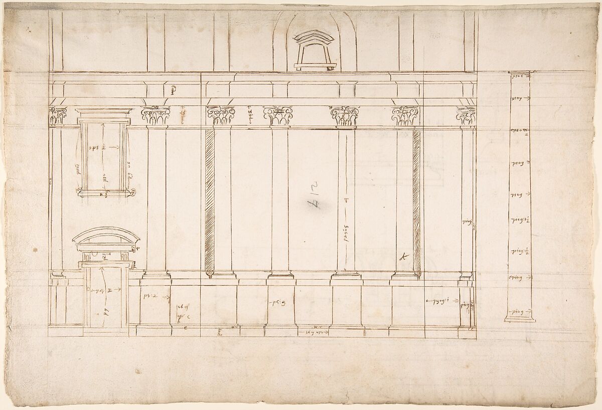 Santa Maria Maggiore, Sforza Chapel, elevation (recto) Unknown, entablature, partial cornice, and column or pilaster base profile (verso), Drawn by Anonymous, French, 16th century, Dark brown ink, black chalk, and incised lines 