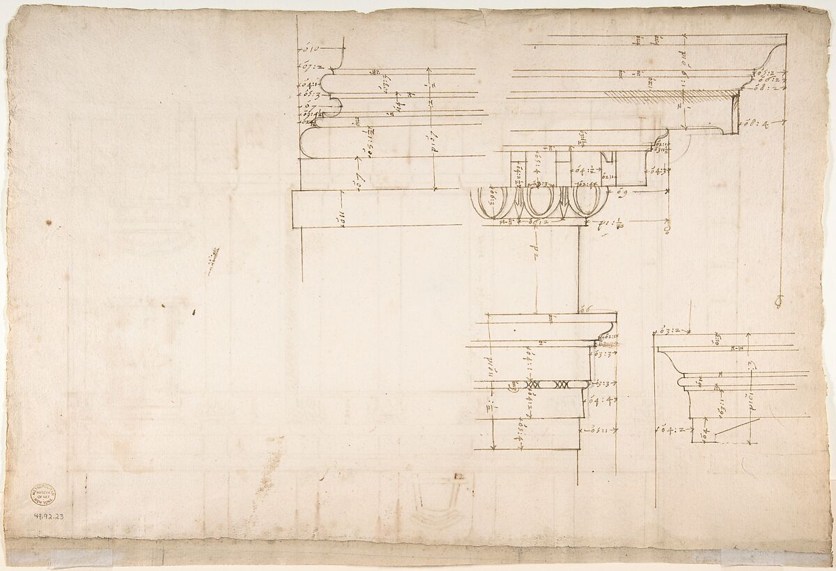 Santa Maria Maggiore, Sforza Chapel, elevation (recto) Unknown, entablature, partial cornice, and column or pilaster base profile (verso), Drawn by Anonymous, French, 16th century, Dark brown ink, black chalk, and incised lines
