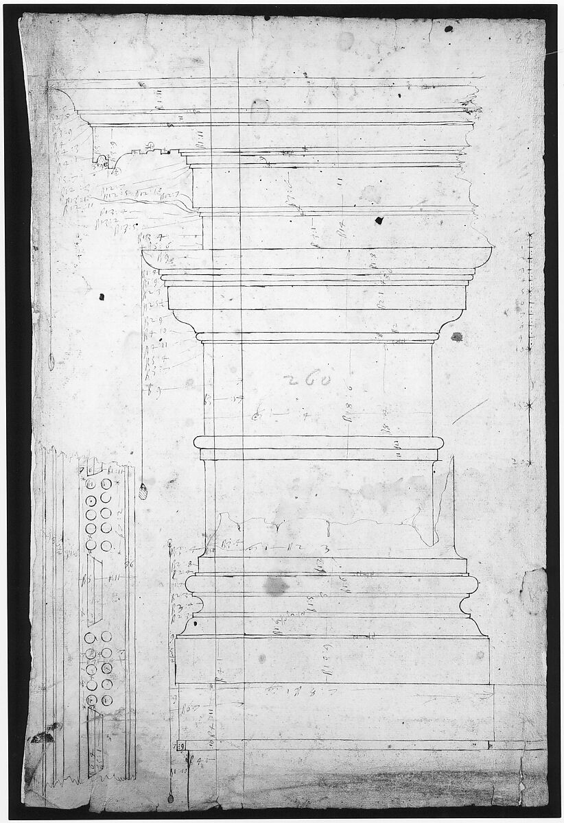 San Lorenzo, Library, pilaster, elevation; soffit, detail, plan (recto) San Lorenzo, Library, entablature, section (verso), Drawn by Anonymous, French, 16th century, Dark brown ink, black chalk, and incised lines