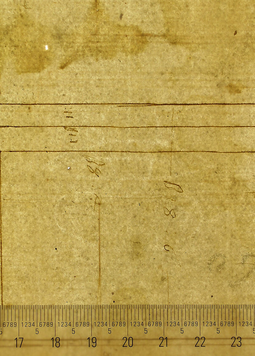San Lorenzo, Library, pilaster, elevation; soffit, detail, plan (recto) San Lorenzo, Library, entablature, section (verso), Drawn by Anonymous, French, 16th century, Dark brown ink, black chalk, and incised lines
