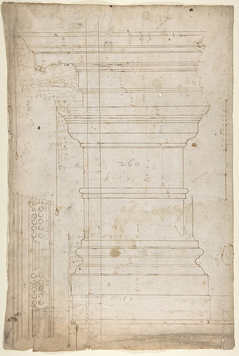 San Lorenzo, Library, pilaster, elevation; soffit, detail, plan (recto) San Lorenzo, Library, entablature, section (verso), Drawn by Anonymous, French, 16th century, Dark brown ink, black chalk, and incised lines 